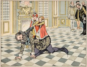 Ilustración del libro “Le bon roy Henri”, ilustrado por Jacques Marie Gaston Onfray de Breville dit JOB (1858-1931): Frente al embajador español, Enrique IV juega con sus hijos