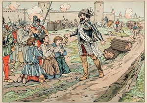 Ilustración del libro "Le bon roy Henri", ilustrado por Jacques Marie Gaston Onfray de Breville dit JOB (1858-1931): Enrique IV da dinero y libera a los campesinos que intentaron introducir comida en París - Colección privada de pseudonym for Onfray de Breville Jacques Job