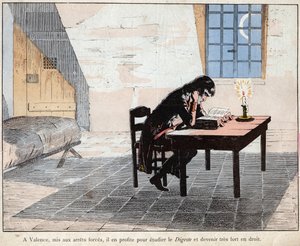 En Valencia (prisión) Napoleón aprovecha para estudiar el Digesto y fortalecerse en derecho - Napoleón lee el Digesto y fortalece su conocimiento del derecho - litografía de Job (Jacques Onfroy de Breville) de “Le Grand Napoleon des Petites