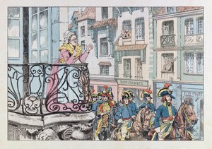 Ilustración del libro "Les épées de France": El general Louis Lazare Hoche (1768-1797) desfilando al frente de sus tropas