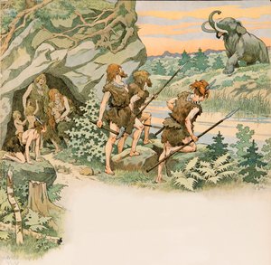 Durante la prehistoria, los hombres de las cavernas protegen a sus familias de un ataque de mamut de pseudonym for Onfray de Breville Jacques Job