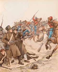Militares franceses durante las campañas de Napoleón apodados Marie Louise en 1815 luchando contra los cosacos