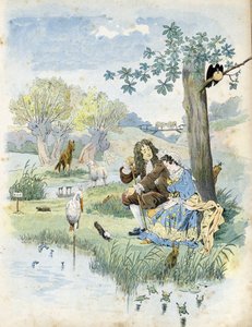 Jean de La Fontaine (1621-1695) hablando con una joven. A su alrededor, animales presentes en las fábulas del poeta: lobo, cordero, cigüeña, tortuga, rata, rana, liebre, zorro, cuervo... en “Francia, su historia contada por G. Montorgueil, ilustrada por Jo de pseudonym for Onfray de Breville Jacques Job