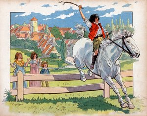Joachim Murat (1767-1815) niño en un caballo entrenando para saltar setos. Grabado por Jacques Marie Gaston Onfray de Breville dit Job (1858-1931)