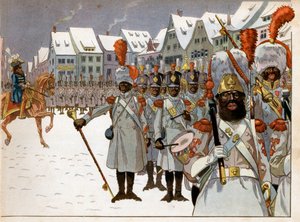 Joachim Murat (1767-1815) recuperó el mando del ejército después de que el Emperador dejara Rusia. En su cuartel general en Koenigsberg revisa una compañía de personas negras (Grabado de Jacques Marie Gaston Onfray de Breville dit Job) de pseudonym for Onfray de Breville Jacques Job