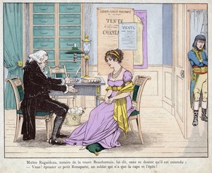 Josefina y el notario - Maitre Raguideau, notario de la viuda Beauharnais, le dijo: ¡Sí! cásate con este pequeño Bonaparte - Maestro Raguideau y Josefina - (¡Sí! Cásate con este pequeño Bonaparte) - litografía de Job (Jacques Onfroy de Breville) de “Le Gra