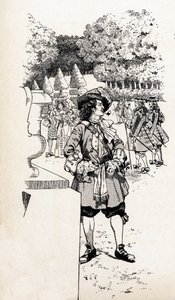 Rey Luis XIV de Francia llamado Rey Sol (1638-1715) con sus cortesanos en los jardines de Versalles. Ilustración de Job (Jacques Marie Gaston Onfray y Breville) (Jacques-Marie) (1858-1931) para el libro “Les grands mots historiques du pays de France” de pseudonym for Onfray de Breville Jacques Job