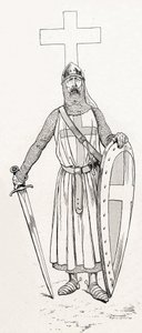 Caballero de Luis IX conocido como San Luis (1214-1270) en traje de cruzada. Ilustración de Job (Jacques Marie Gaston Onfray y Breville) (Jacques-Marie) (1858-1931) para el libro “Les grands mots historiques du pays de France” 1915. Colección privada de pseudonym for Onfray de Breville Jacques Job