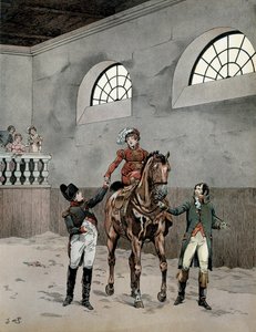 Napoleón I Bonaparte (1729-1821) asistió a las lecciones de equitación de la emperatriz María Luisa de Austria (1791-1847). Ilustración de Jacques Marie Gaston Onfray de Breville dit JOB (1858-1931) en 