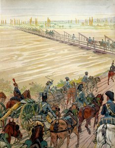 Napoleón I Bonaparte y su ejército cruzaron el Rin el 1 de octubre de 1805. En “Napoleón” de Georges Montorgueil. Ilustración de Jacques Marie Gaston Onfray de Breville dit JOB de pseudonym for Onfray de Breville Jacques Job