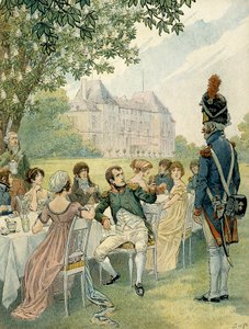 Napoleón I Bonaparte (1769-1821) durante un almuerzo en los jardines del castillo de Malmaison. Ilustración de Jacques Marie Gaston Onfray de Breville dit JOB (1858-1931). Colección privada de pseudonym for Onfray de Breville Jacques Job