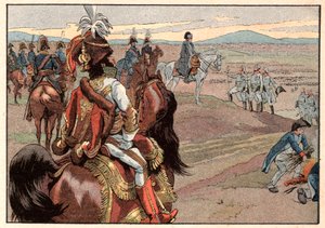 Napoleón I Bonaparte (1769-1821) con Joachim Murat (1767-1815) durante la rendición de Ulm en 1805. Grabado por Jacques Marie Gaston Onfray de Breville dit Job (1858-1931) de pseudonym for Onfray de Breville Jacques Job