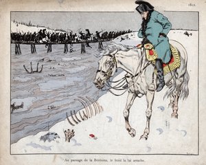 Napoleón observando los restos de su Gran Ejército cruzando el río Berezina en la retirada de Moscú