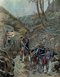 Campaña de Prusia (1806): Las tropas trabajaban para ensanchar un paso para los cañones al pie del Monte Iena en la víspera de la batalla (que se libró el 14 de octubre
