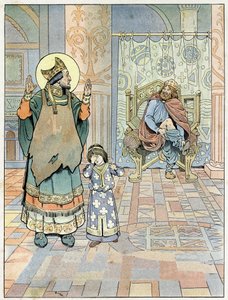San Eloi (v.588-659) señala al Rey de Francia Dagoberto I (602 o 605-638 o 639) que sus pantalones estaban al revés (calzoncillos al revés). en “Francia, su historia contada por G. Montorgueil, ilustrada por Job” 1896. Colección privada. de pseudonym for Onfray de Breville Jacques Job