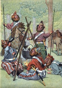 Escena de la historia de Francia en juguetes: Después del episodio de la retirada de Rusia durante la Guerra Napoleónica (1812) los cosacos montan su vivac en los Campos Elíseos en París en 1814. Ilustración de Job (Jacques-Marie) de pseudonym for Onfray de Breville Jacques Job