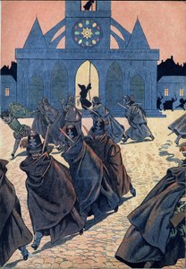 Escena de la historia de Francia en juguetes: La Saint Barthelemy (San Bartolomé). Un monje toca el toque de queda de la iglesia Saint Germain l