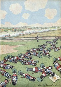 Escena de la historia de Francia en juguetes: Guerra de Sucesión de Austria (1740-1748). Tropas de infantería del ejército francés asesinadas por los ingleses en la Batalla de Fontenoy el 11 de mayo de 1745. de pseudonym for Onfray de Breville Jacques Job