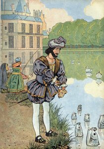 Escena de la historia de Francia con juguetes: el Rey de Francia Francisco I (1494-1547) da pan a los peces del parque de Fontainebleau. En “Joujoux a l