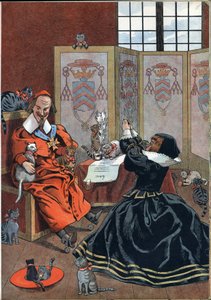 Escena de la historia de Francia en juguetes: mujer suplicando el perdón del Cardenal Richelieu (1585-1642) rodeada de gatos. En 
