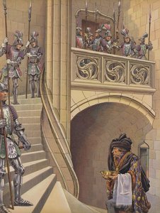 El barbero subió las escaleras hacia la cámara del Rey, pasando por numerosos guardias armados (litografía a color) de pseudonym for Onfray de Breville Jacques Job