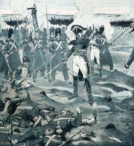 La guardia murió pero no respondió al General Cambronne (1770-1842) comandando el último cuadro de la Guardia mientras el enemigo pedía al ejército francés que se rindiera en la Batalla de Waterloo el 18 de junio de 1815. Ilustración de Job (Jacques Marie  de pseudonym for Onfray de Breville Jacques Job