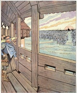 El hombre de hierro, este es Carlomagno. Palabras de Ogger al Rey de los Lombardos Didier cuando vio al Rey Carlomagno o Carlos I el Grande (742-814) desde lo alto de las murallas de Pavía en 774. Ilustración de Job (Jacques Marie Gaston Onfray y Breville) de pseudonym for Onfray de Breville Jacques Job