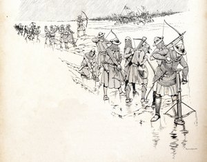 La lluvia pone fuera de combate a los arqueros del ejército del rey francés Felipe VI (Felipe de Valois) (1293-1350) al mojar las cuerdas de los arcos durante la Batalla de Crécy en 1346 al comienzo de la Guerra de los Cien Años. Ilustración de Job (Jacque de pseudonym for Onfray de Breville Jacques Job