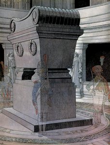 La tumba del Emperador Napoleón I Bonaparte (1769-1821) en los Inválidos con guardias fantasmas. En “Napoleón” de Georges Montorgueil. Ilustración de Jacques Marie Gaston Onfray de Breville dit JOB (1858-1931) de pseudonym for Onfray de Breville Jacques Job