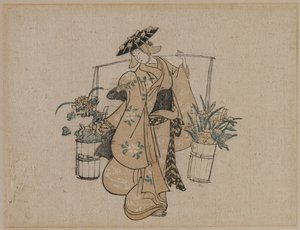 A Beauty Carrying Two Buckets of Flowers de style of Torii Kiyomasu
