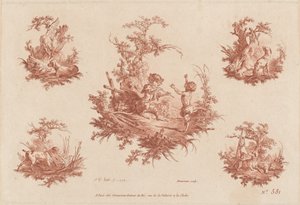 Singerie con Cuatro Viñetas de Perros Cazando de the Elder and Jean Baptiste Hüet Gilles Demarteau