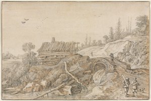 Paisaje montañoso con cabaña junto a un arroyo, 1627