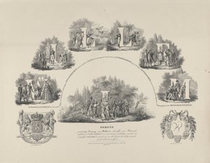 Alegoría de las virtudes del rey Guillermo I, 1831 Guillermo I Primer Rey Constitucional de Holanda, Restaurador de nuestra Libertad Nacional e Independencia (...) (título sobre objeto) de van der Meulen