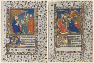 Bifolio de un Libro de Horas: Adoración de los Magos y Coronación de la Virgen