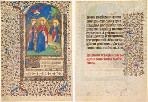 Hoja de un Libro de Horas: Sts. Geneviève, Catalina de Alejandría y Margarita (anverso) y Texto (verso)