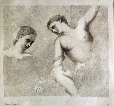 Personajes femeninos. En la parte inferior izquierda "Tiziano Dipinse". Grabado de Giorgio da Castelfranco conocido como Giorgione (1476/1478-1510) Kunsthistorisches Institute, Florencia de (1476/8 1510) Giorgione
