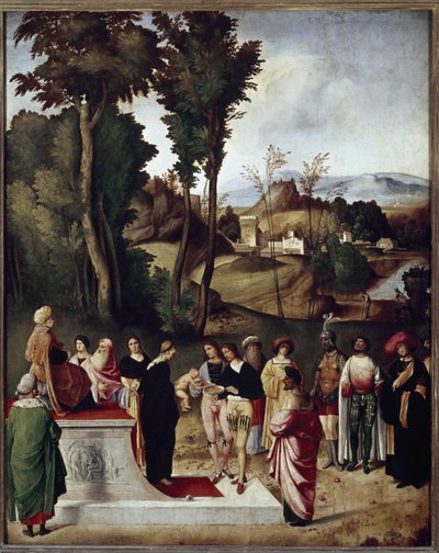 Moisés niño sometido a la prueba del fuego y el oro por el faraón (detalle) de Giorgione