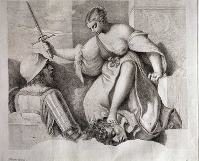 Salomé con la cabeza de San Juan Bautista. En la parte inferior izquierda "Tiziano Dipinse". Grabado de Giorgio da Castelfranco conocido como Giorgione (1476/1478-1510) Kunsthistorisches Institute, Florencia. de (1476/8 1510) Giorgione