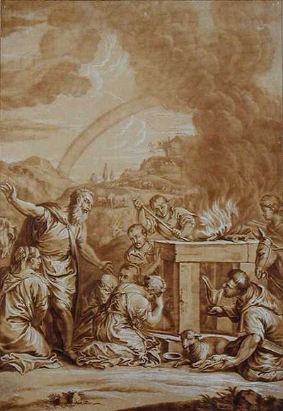 Noé después del Diluvio, grabado por Elishah Kirkhall de Veronese