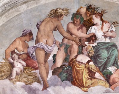 Alegorías del verano y del otoño (Baco y Ceres), muro norte, luneta sobre la puerta del jardín, sala del Olimpo de Veronese