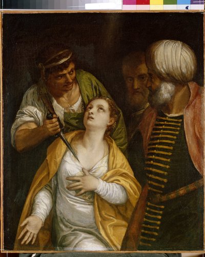 El mártir de Santa Justina. Justina de Padua (nacida en el siglo III-304), mártir de la antigua Roma, fue alcanzada por una espada. Pintura de Paolo Veronese (1528-1588), óleo sobre lienzo. Arte italiano (Venecia) de (1528 88) Veronese