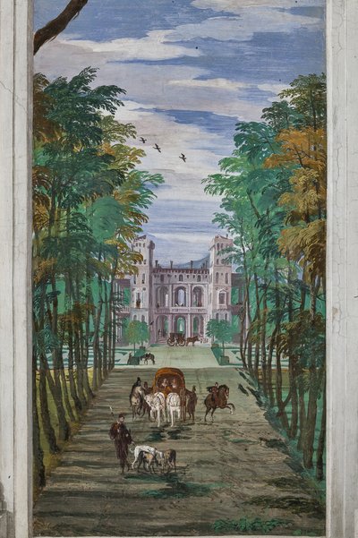 Perspectiva con vista al campo y carruajes, Muro Norte, Sala Baco de Veronese
