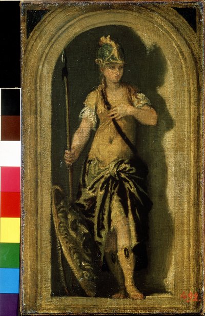 Minerva (Minerca). Junto a ella, su escudo con la cabeza de la Gorgona Medusa. Pintura de Paolo Veronese (1528-1588). Óleo sobre lienzo, 28 x 16 cm, hacia 1560. Arte veneciano, renacimiento italiano. Museo Pushkin de Bellas Artes, Moscú. de Veronese