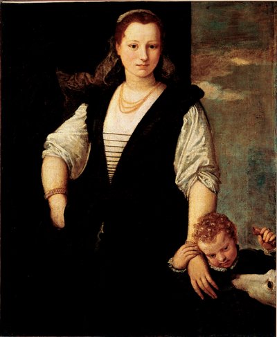 Retrato de una mujer con un niño y un perro (¿los hijos de Francesco Bevilacqua?). Pintura de Paolo Veronese Caliari (1528-1588) siglo XVI. París, Museo del Louvre de Veronese