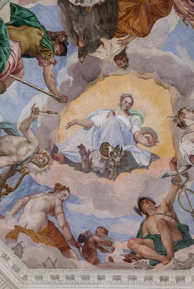 La Armonía Universal rodeada de dioses: Zeus con un águila, Marte, Apolo con la lira, Venus, Mercurio con el caduceo, Diana con los perros y Saturno, el octógono central de la Sala del Olimpo de Veronese