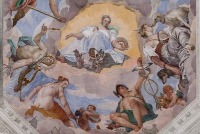 La Armonía Universal rodeada de dioses: Zeus con un águila, Marte, Apolo con la lira, Venus, Mercurio con el caduceo, Diana con los perros y Saturno, el octógono central de la Sala del Olimpo de Veronese