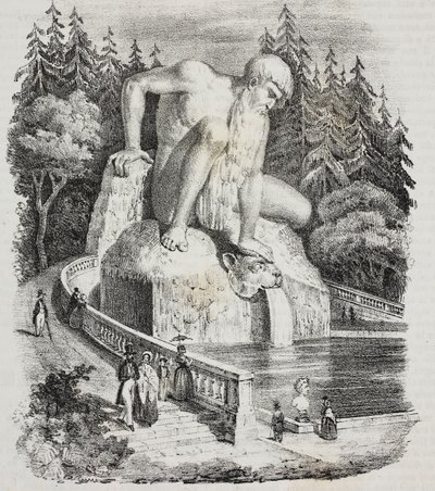 Coloso de los Apeninos (por Giambologna) en el parque de Villa Demidoff (Villa Medicea de Pratolino), Vaglia, Toscana, Italia, litografía de Giovanni Mariani de Poliorama Pittoresco, n 10, 15 de octubre de Giambologna