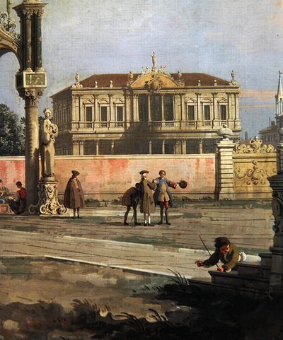 (detalle) de una casa de ciudad y una plaza pública de Canaletto