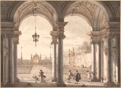 Vista a través de una columnata barroca hacia un jardín de Canaletto