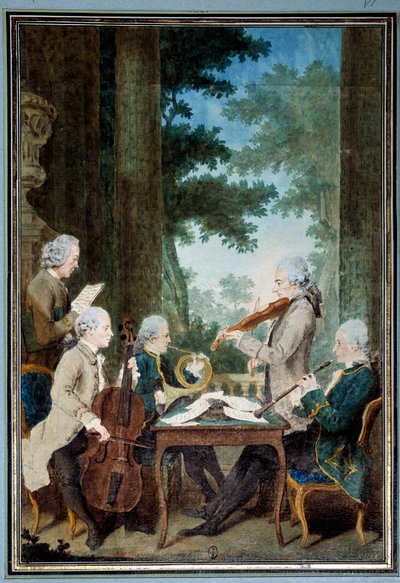 Señores Duport, Vachon, Rodolphe, Provers y Vernier. Retrato de un grupo de músicos durante un concierto. Acuarela de Louis Carrogis (Carmontelle) de Carmontelle
